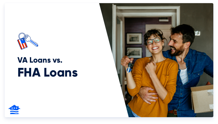 The banner contrasts "VA Loans vs. FHA Loans" with an American flag key icon on the left and depicts a delighted couple with new home keys on the right, symbolizing the joy of homeownership.