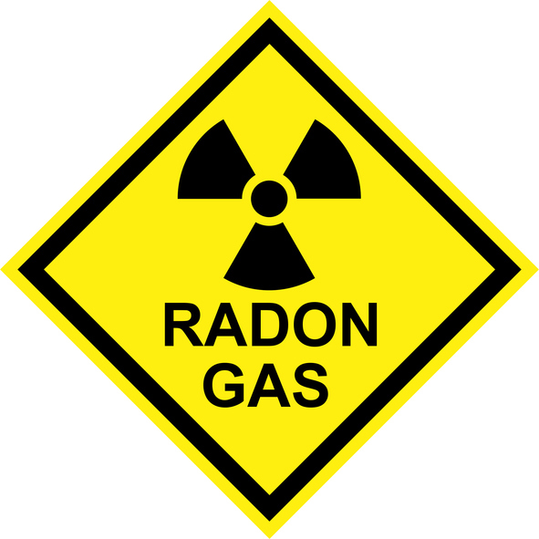 A hazard sign in yellow and black with a fan symbol, warning of radon gas.