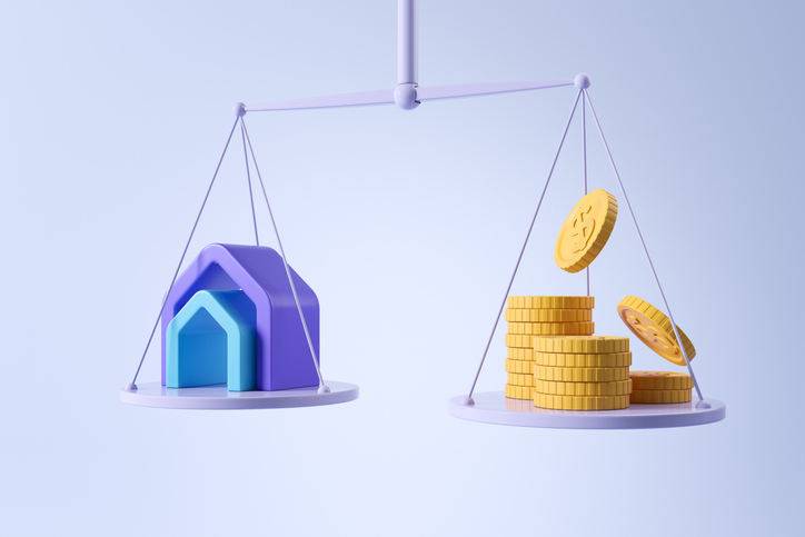 A 3D rendering of a balance scale comparing a stylized house on one side and stacks of coins on the other.